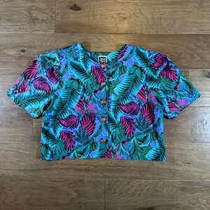 Vintage Special Effects Tropical Leaf Print Button Up Crop Top Teal Magenta 18M